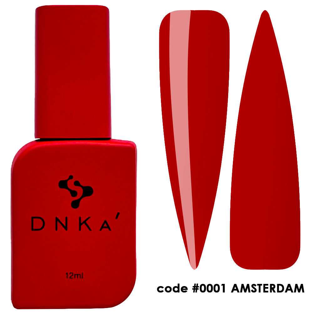 Red DNKa' gel nail polish bottle with glossy red manicure swatches, code 0001 Amsterdam.