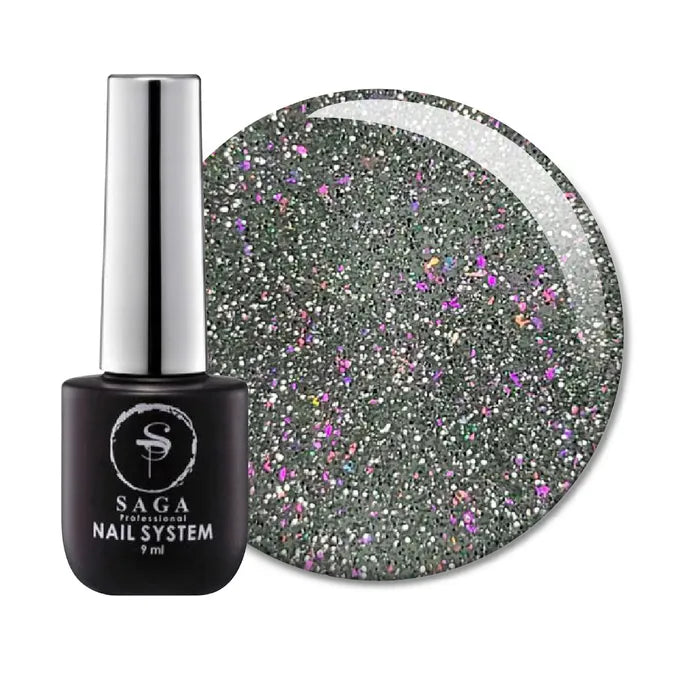 Black glitter gel nail polish bottle with silver and pink sparkles, professional manicure product