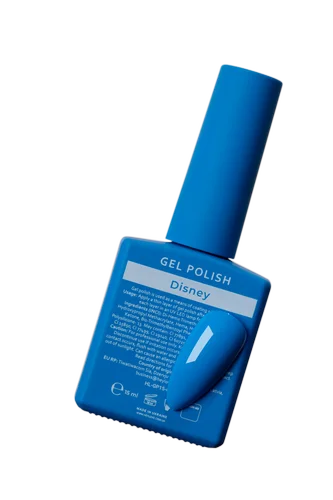 Blue gel nail polish bottle labeled Disney with matching color swatch attached