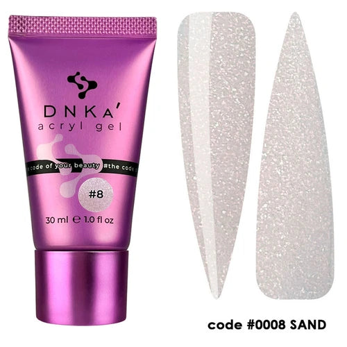 Pink tube of acrylic gel #8 with two sand-colored glitter nail samples, code 0008 SAND.