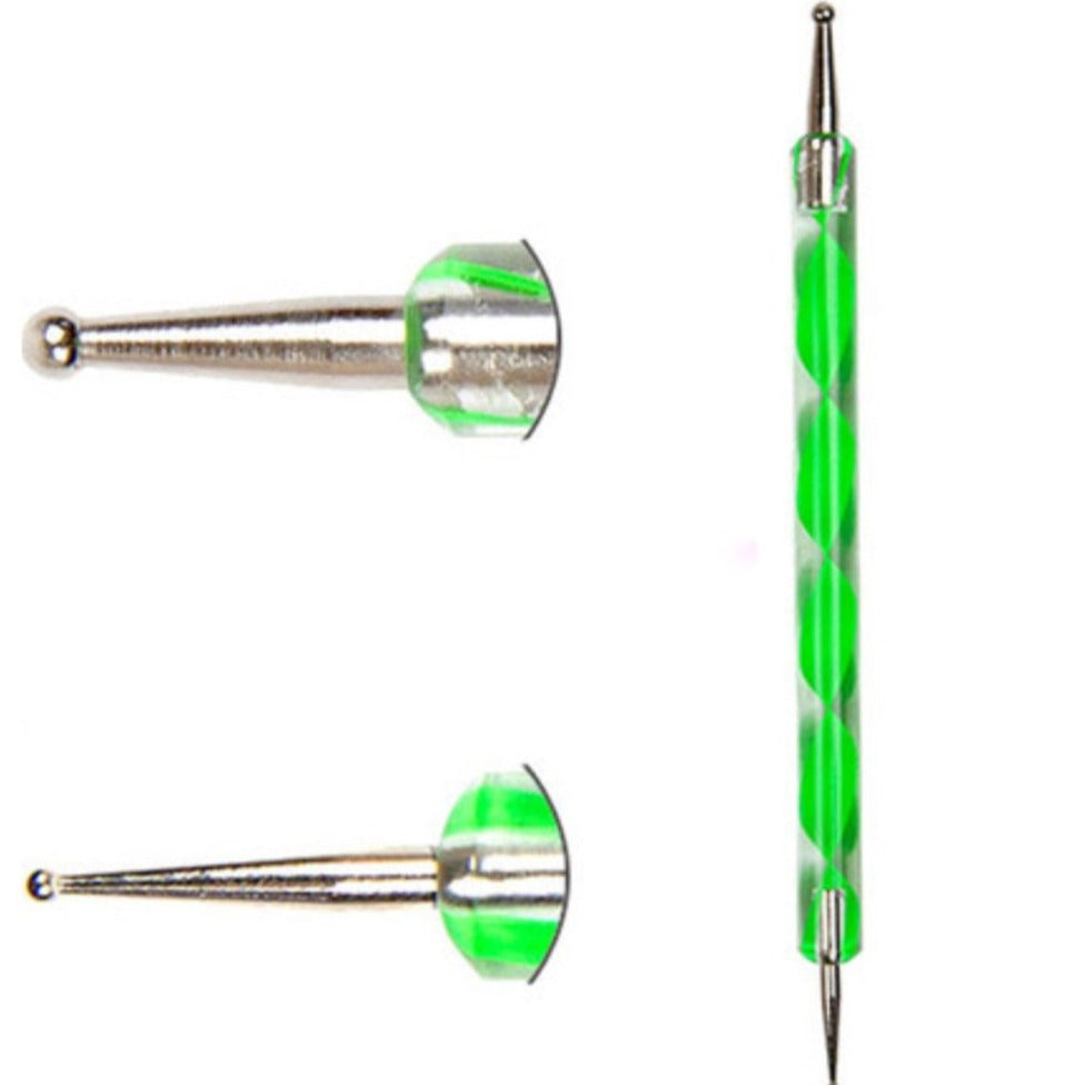 Green swirl nail art dotting tool with double-ended metal tips for manicure designs