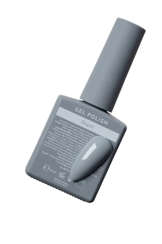 Grey gel polish bottle with sample swatch for manicure and pedicure