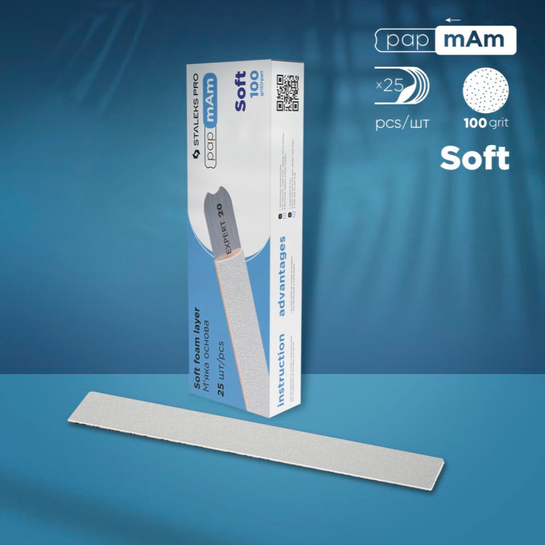 Professional nail file with soft foam layer, 100 grit, 25 pieces box on blue background