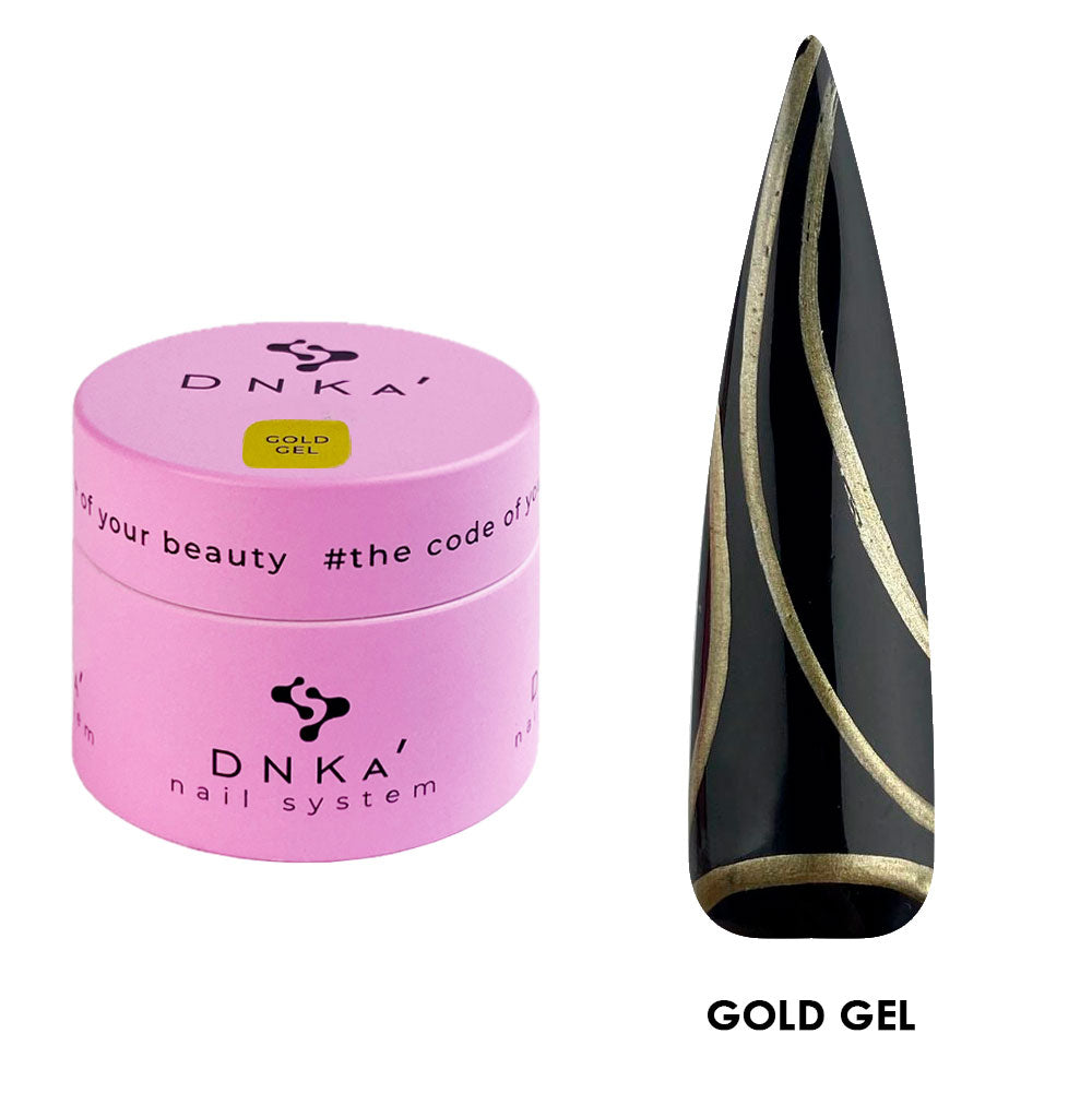 Gold gel nail polish in pink DNKA container with gold and black nail art sample