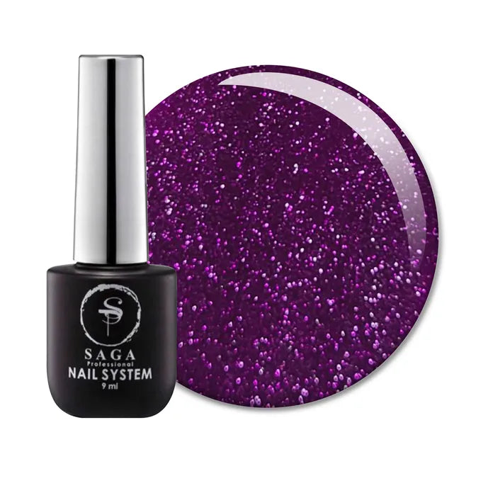 Purple glitter gel nail polish bottle with sample swatch, professional manicure product