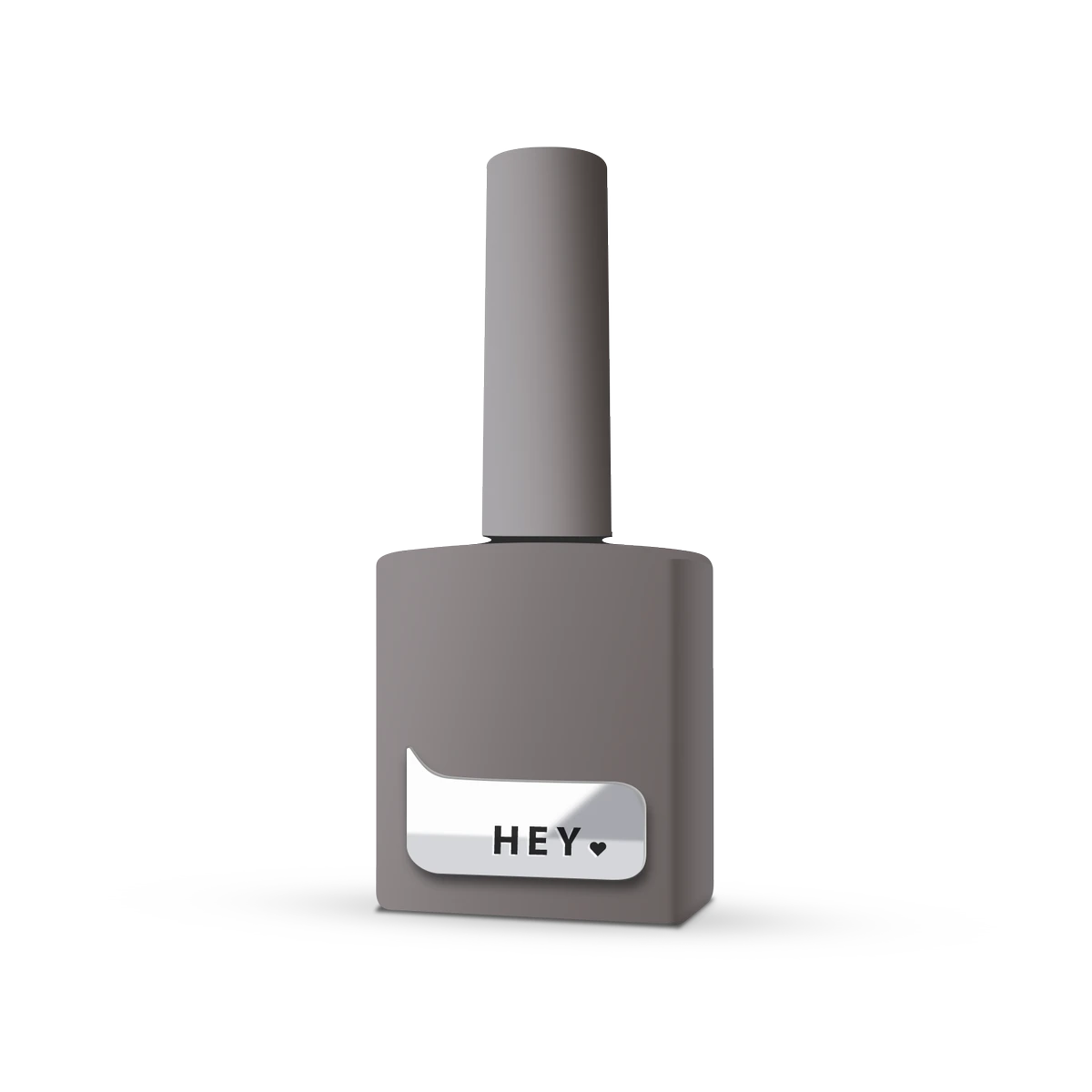 Gray nail polish bottle with label reading 'HEY,' manicure accessory, isolated on white