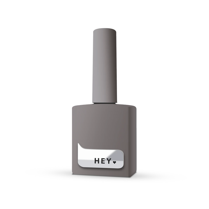 Gray nail polish bottle with label reading &