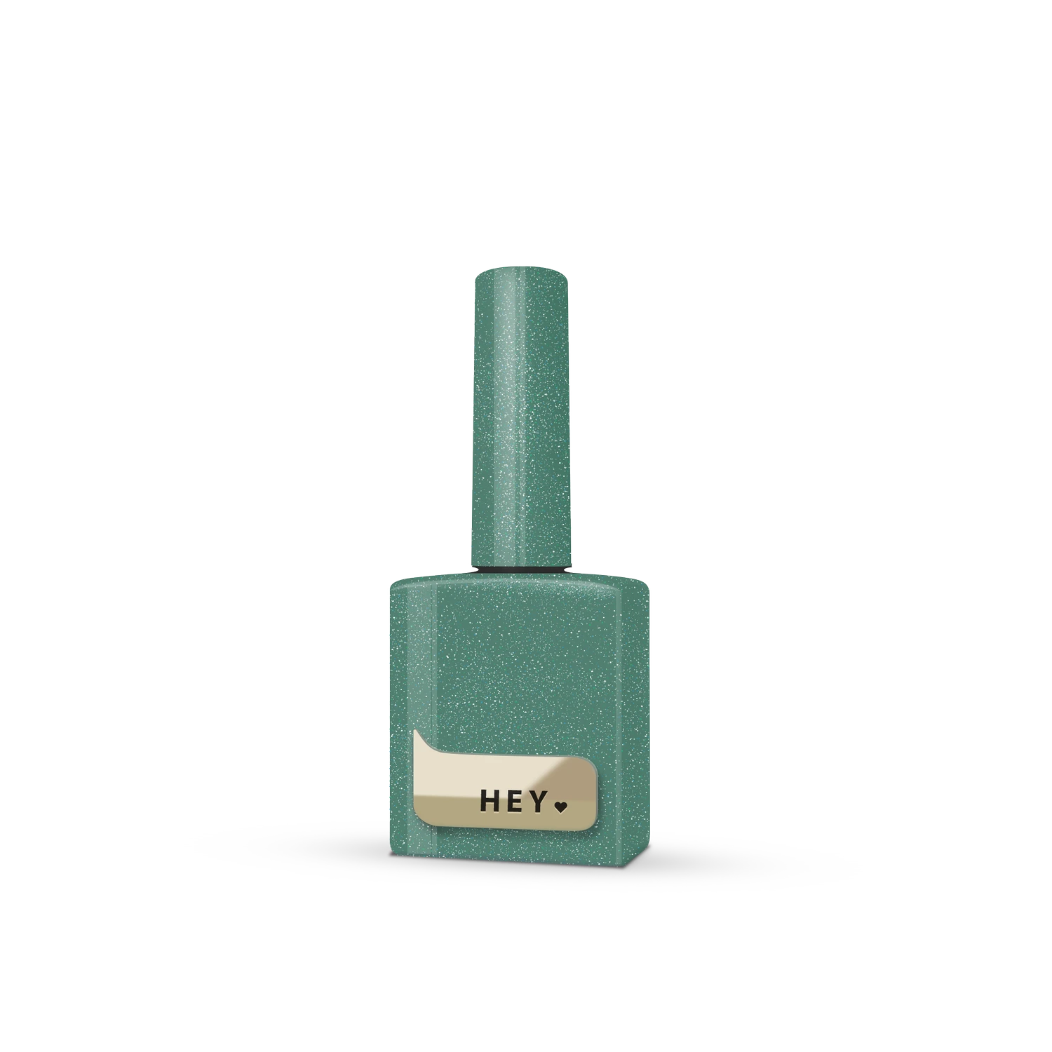Green glitter gel nail polish bottle with gold label and HEY text, manicure product