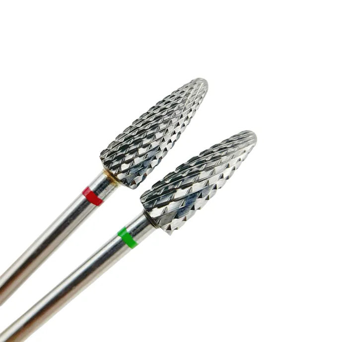 Two silver carbide nail drill bits with colored rings, used for manicure and pedicure