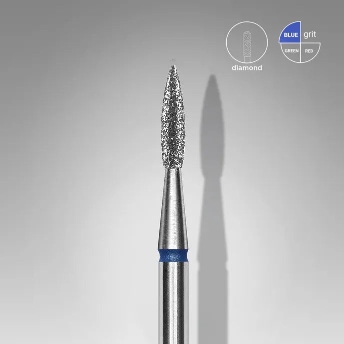 Diamond nail drill bit with blue grit for manicure and pedicure, close-up on gray background.