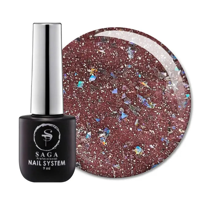 Dark red glitter gel nail polish with holographic flakes, bottle and swatch shown