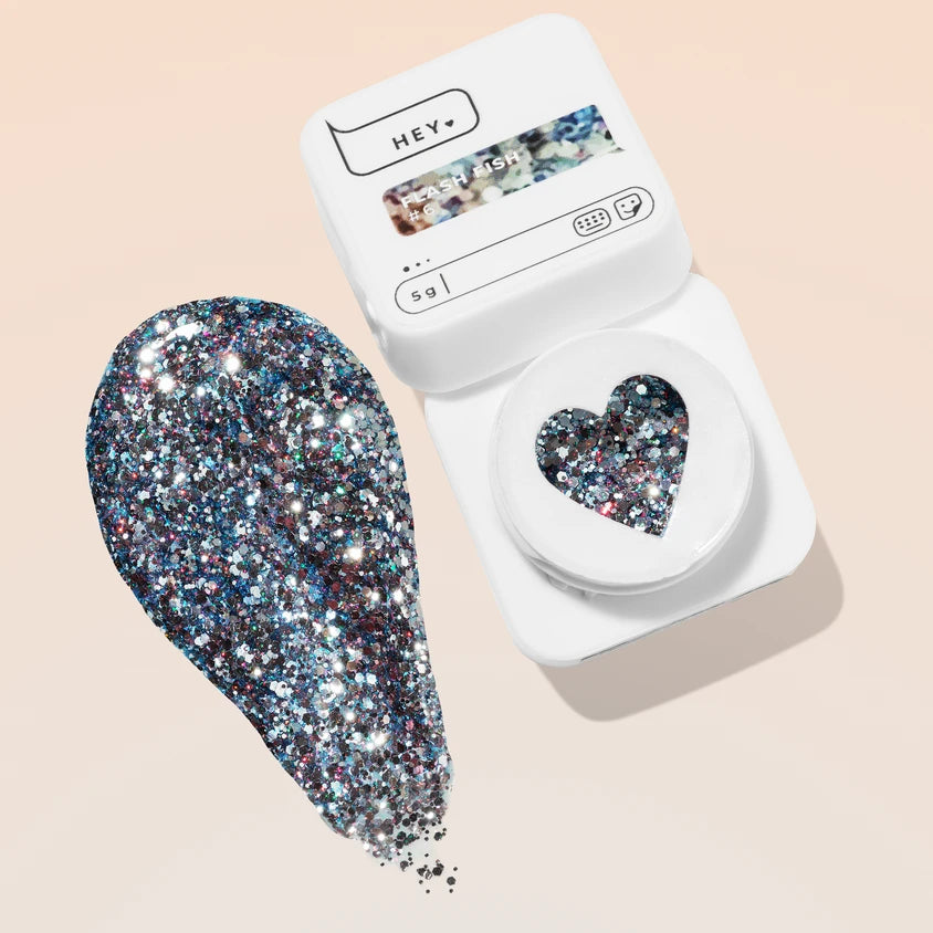 Silver holographic glitter nail gel in white container for professional manicure