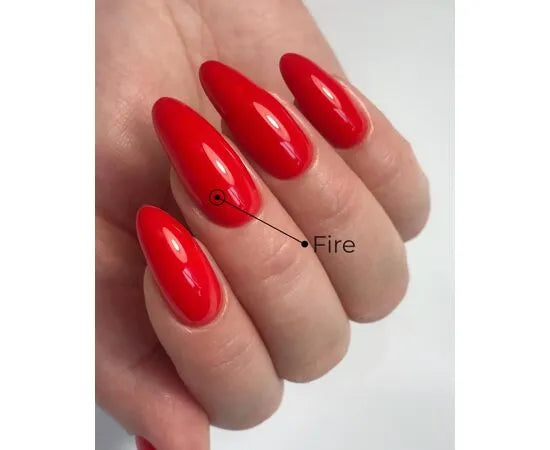 Hand with long almond-shaped nails painted glossy red gel polish, labeled as 'Fire' shade.