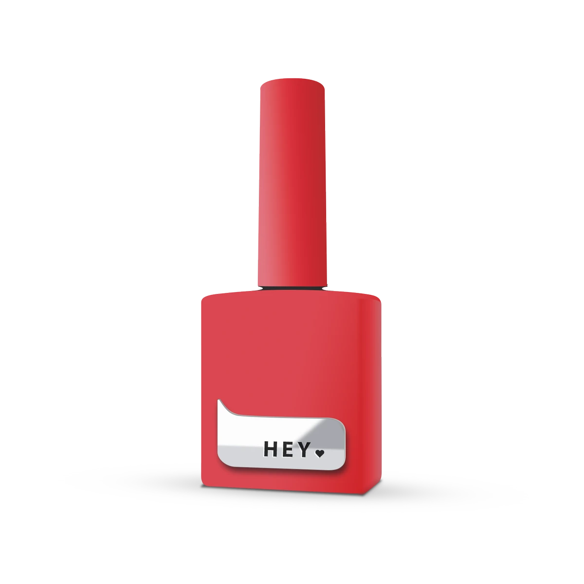 Red gel nail polish bottle with 'HEY' label, manicure product on white background