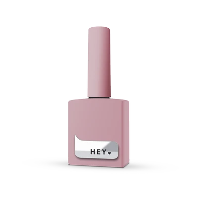 Pink gel nail polish bottle with 'HEY' label, professional manicure product