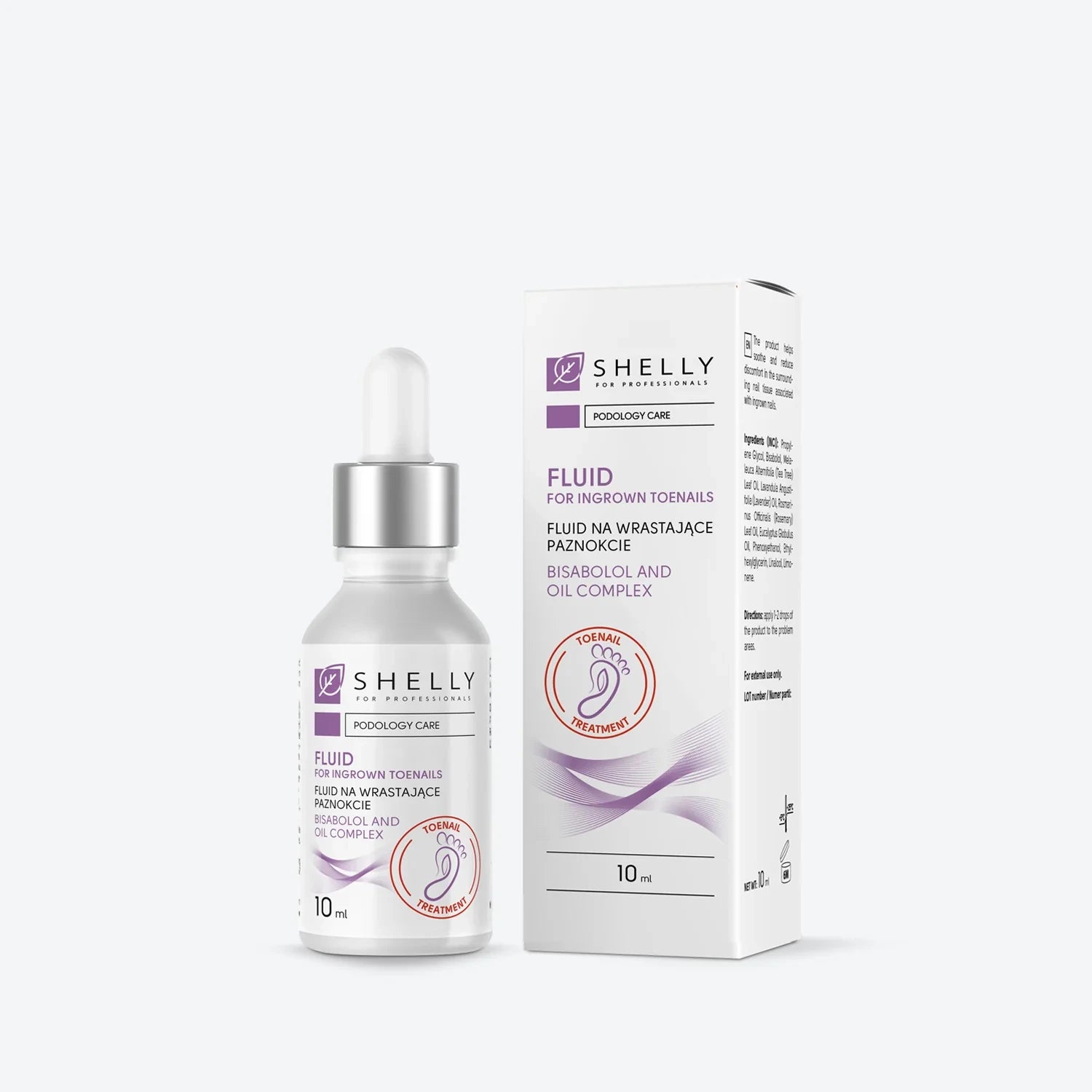 Fluid for ingrown toenails with bisabolol and oil complex in dropper bottle and box, 10ml