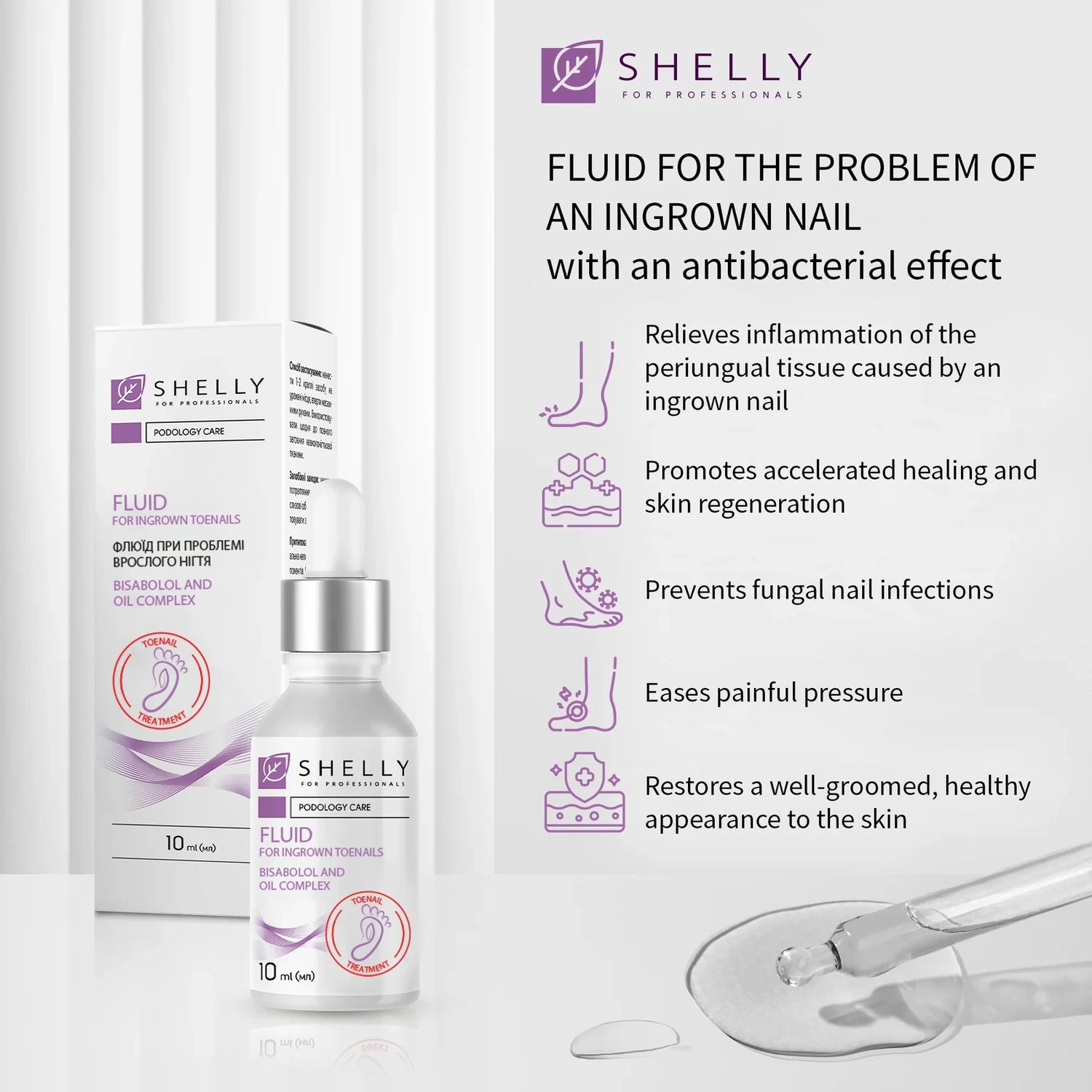 Fluid for ingrown toenails in dropper bottle with packaging, healing and antibacterial nail care product.