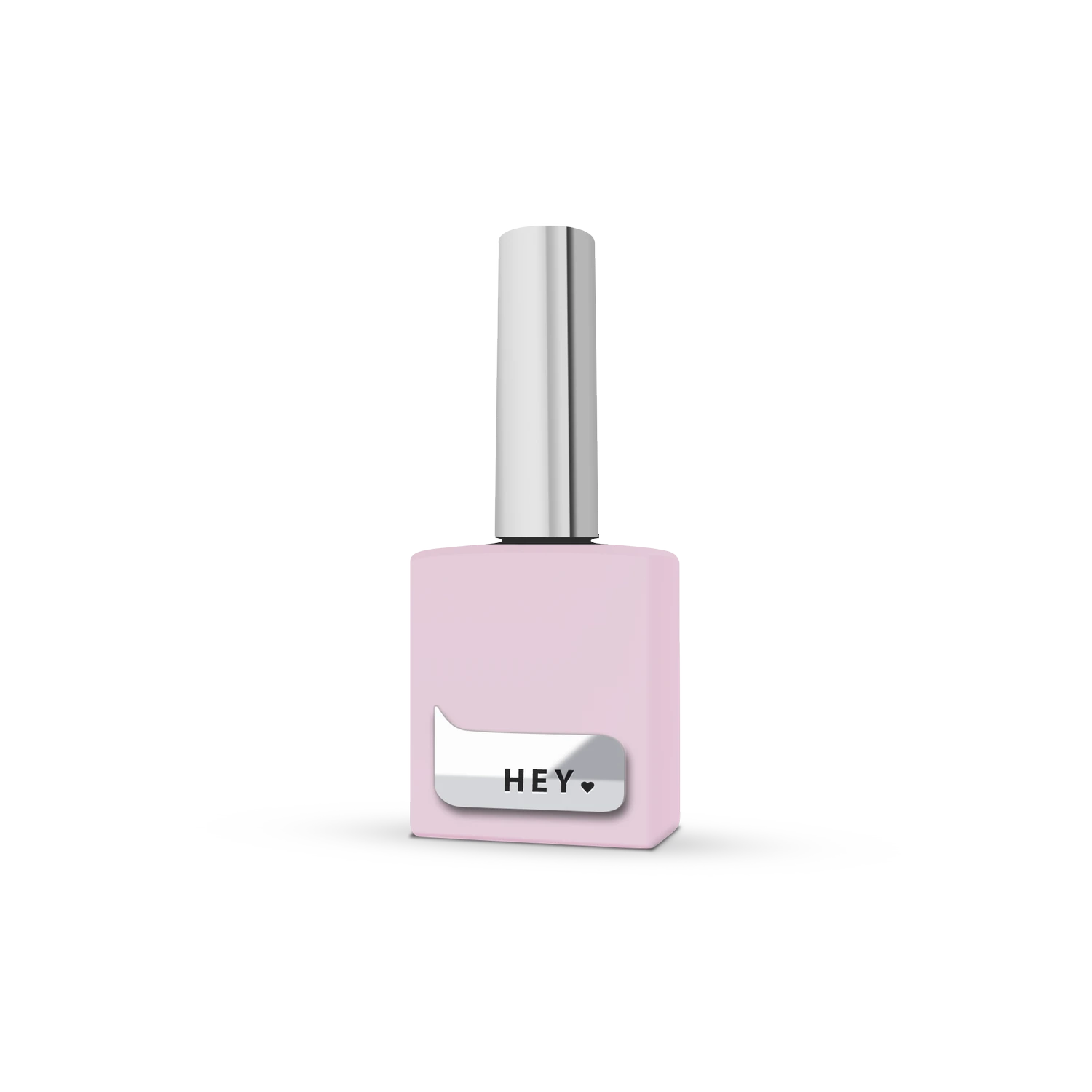 Pink nail polish bottle with silver cap and 'HEY' label, professional manicure product