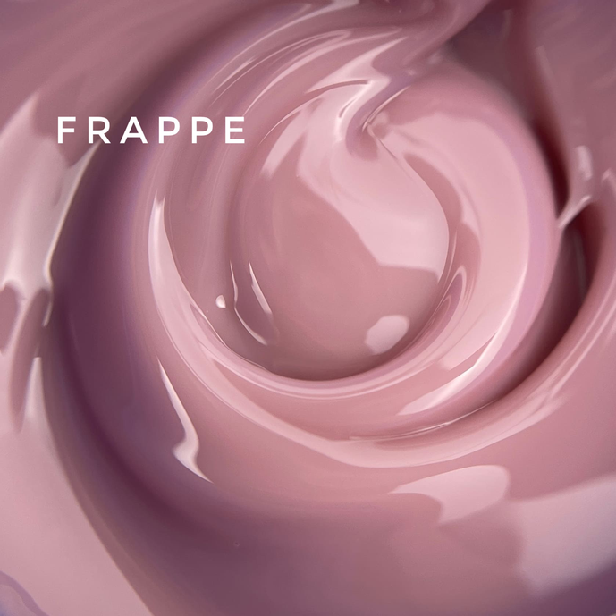 Swirled light mauve gel polish texture with glossy finish, labeled FRAPPE.