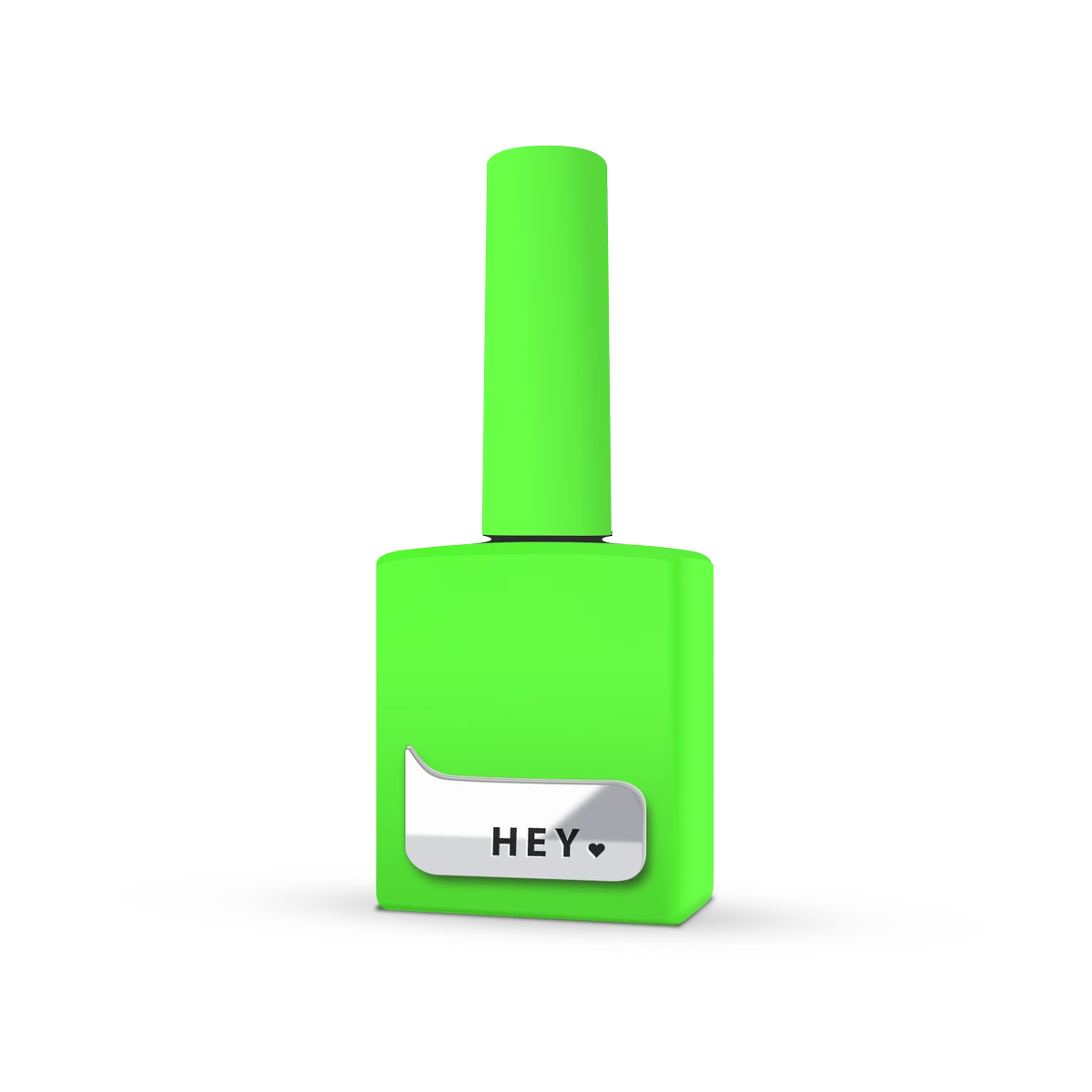 Bright neon green nail polish bottle with 'HEY' label, suitable for manicures and UV gel nails.