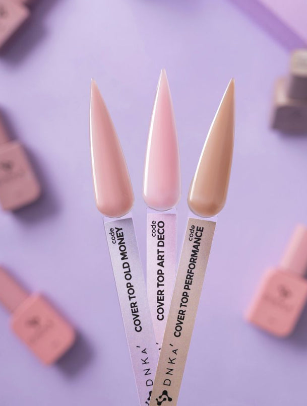 Three nude pink and beige nail gel color samples on clear swatch sticks with labels