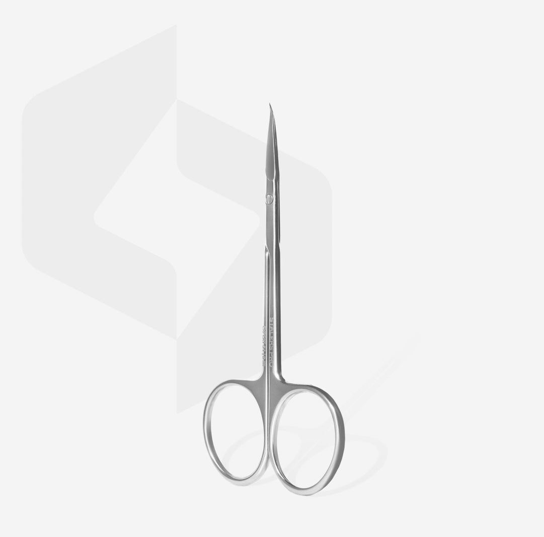 Stainless steel manicure cuticle scissors with curved blades on white background