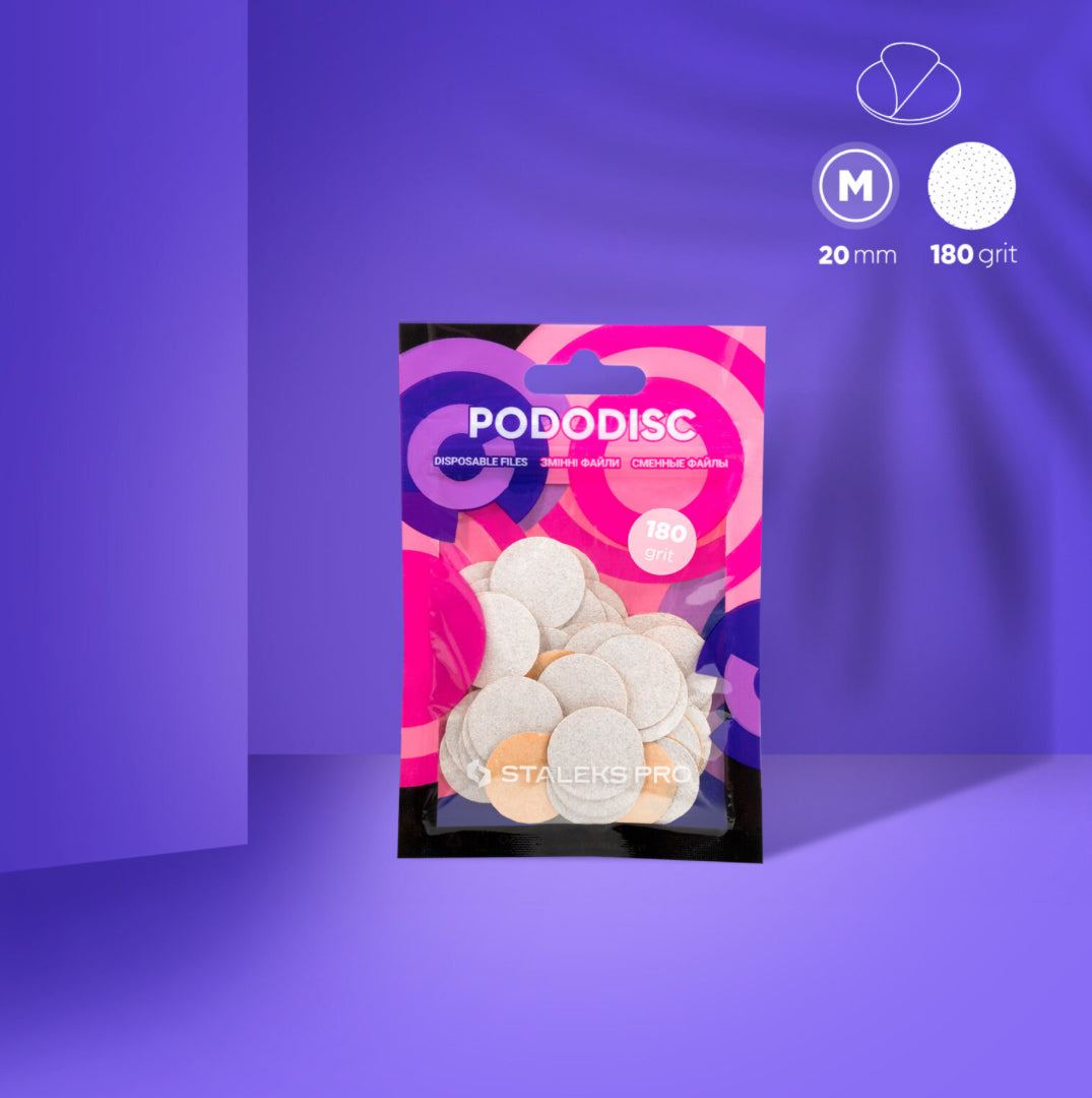 Pododisc 180 grit disposable nail file refills, 20mm, in colorful packaging on purple background