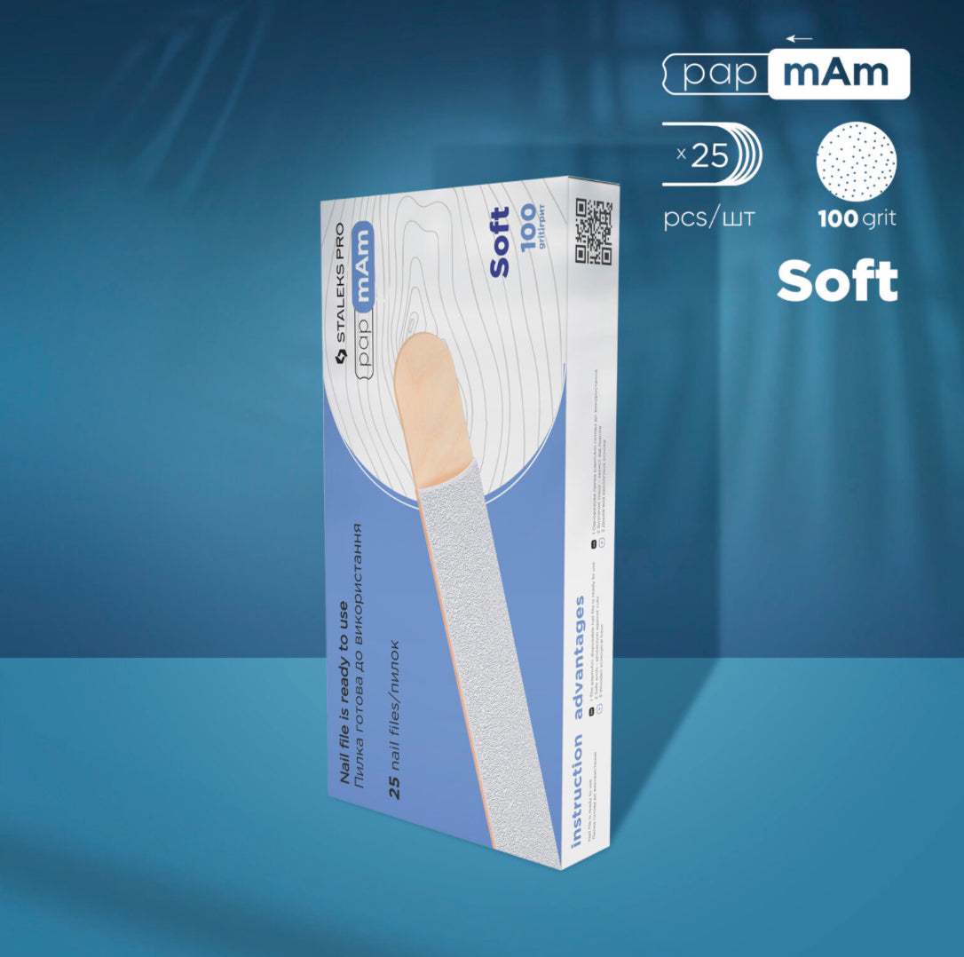 Box of 25 soft 100 grit nail files for manicure and pedicure on blue background