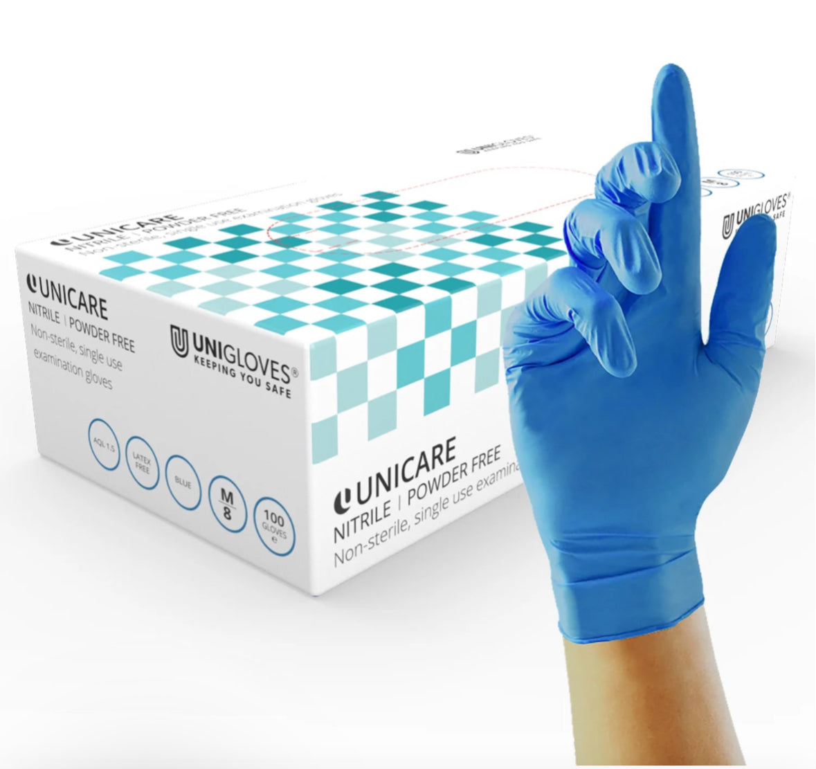 Blue disposable nitrile glove on hand with Unicare powder free gloves box in background.