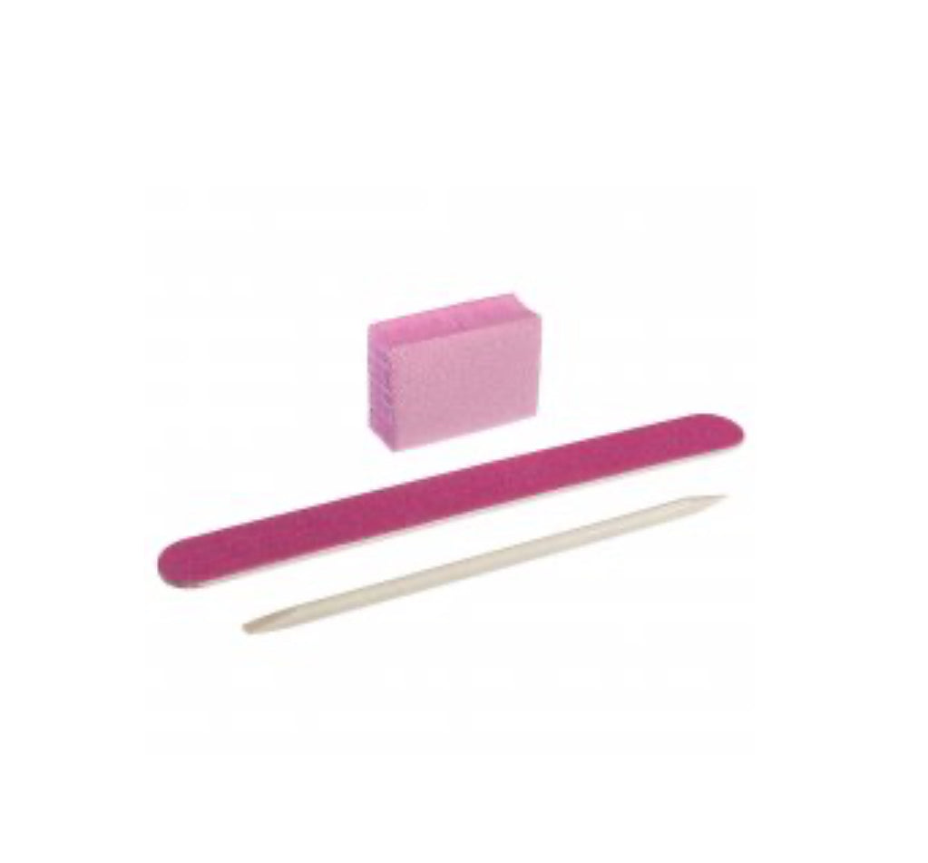 Nail manicure kit with pink buffer block, nail file, and cuticle stick on white background
