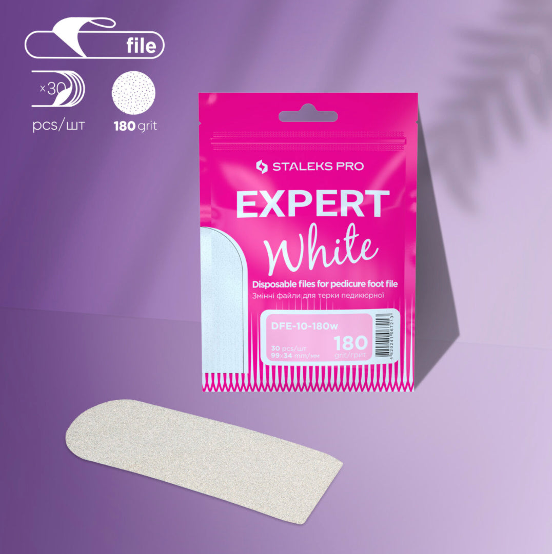 Staleks Pro Expert White disposable pedicure foot file 180 grit, 30 pieces, pink packaging on purple background