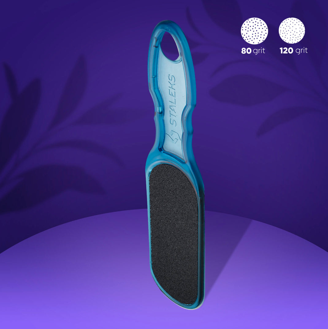 Blue foot file with black grit surface, 80 and 120 grit options, on purple background