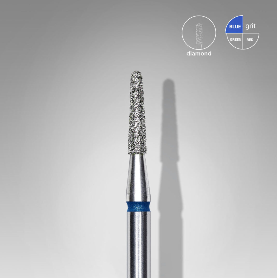 Diamond nail drill bit with blue grit for manicure and pedicure, silver cone shape