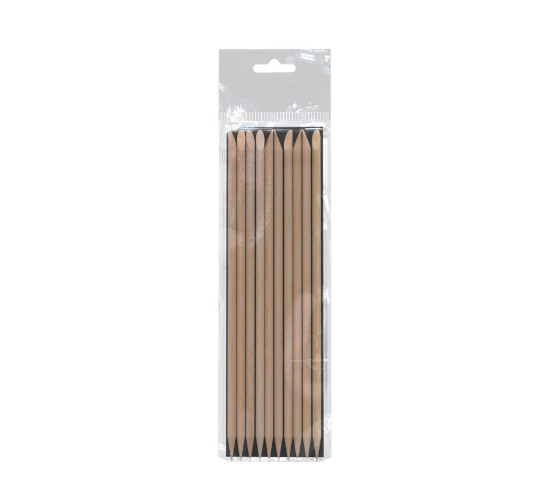 Pack of wooden cuticle sticks for manicure and nail care, sealed in clear plastic packaging