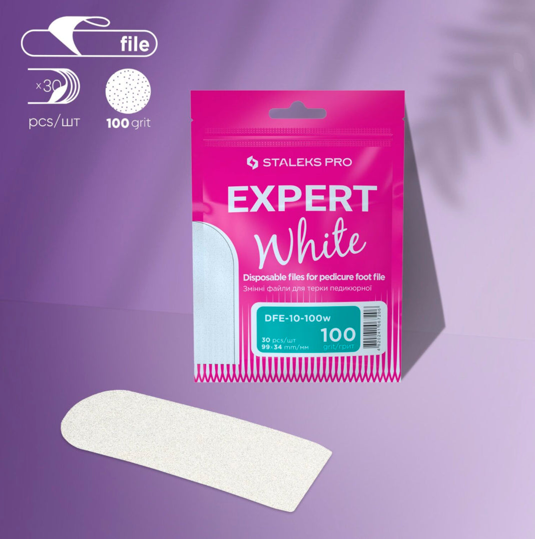 Staleks Pro Expert White disposable pedicure foot file 100 grit, 30 pack on purple background