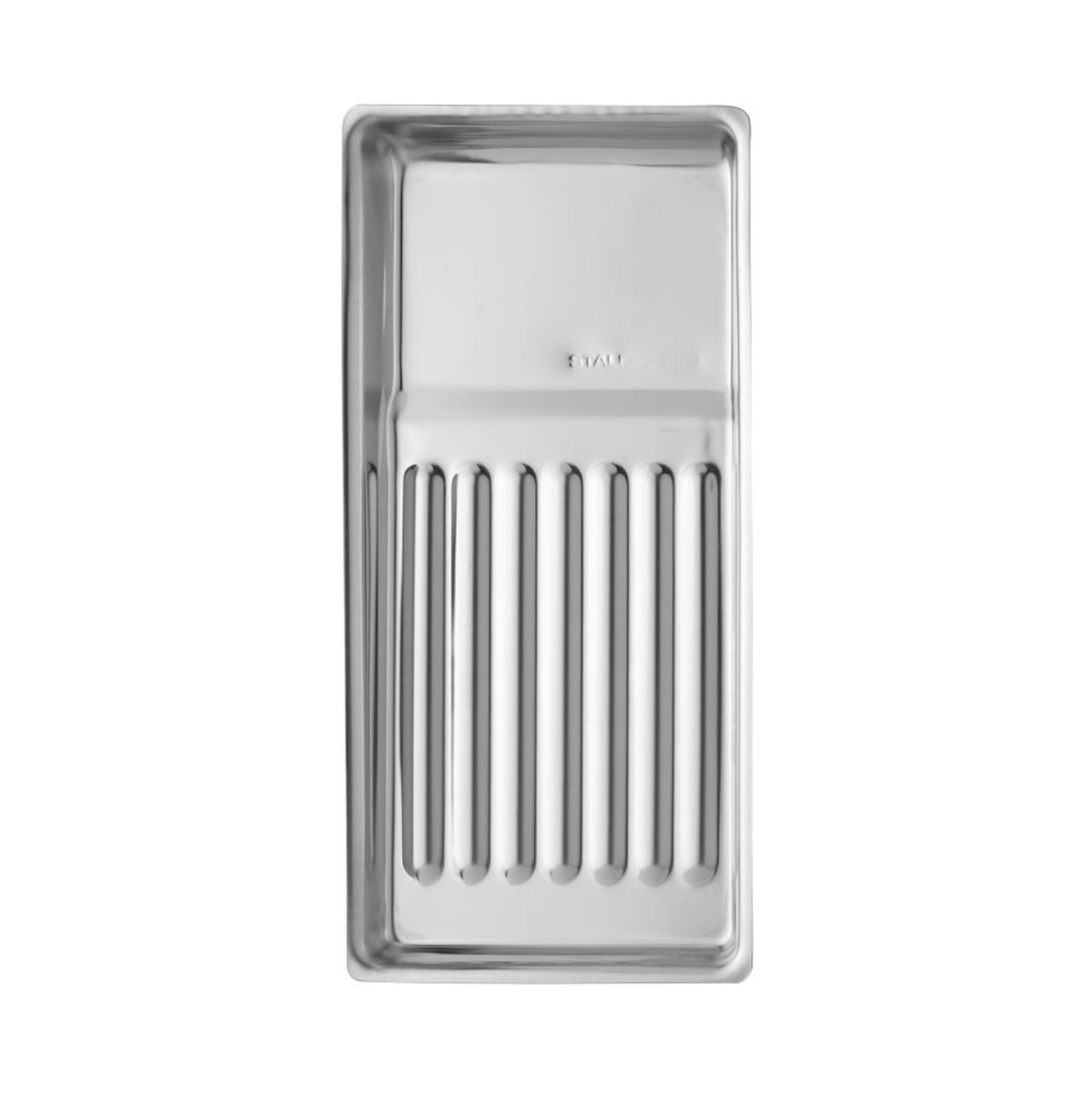 Stainless steel manicure tool tray with ribbed surface for nail salon organization