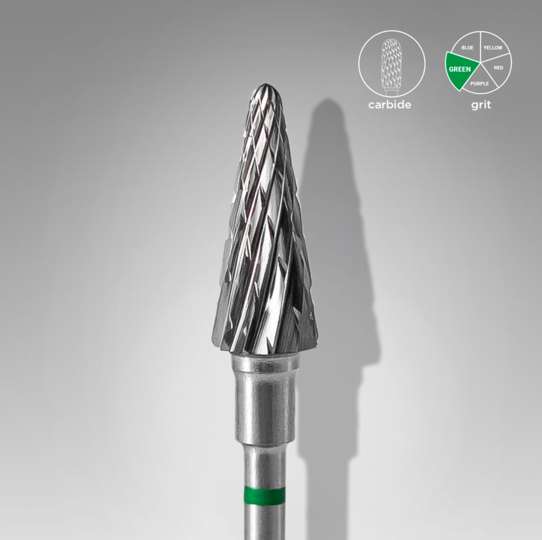 Carbide nail drill bit with green grit band for professional manicure and pedicure