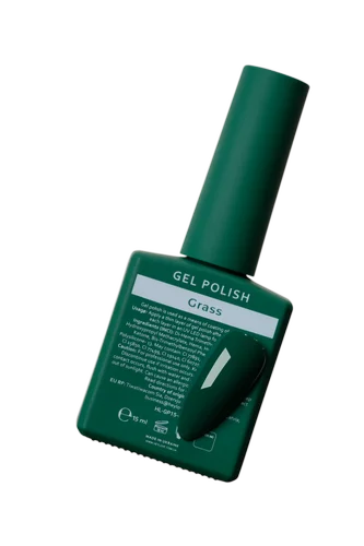 Green gel nail polish bottle labeled Grass, with matching gel color sample attached