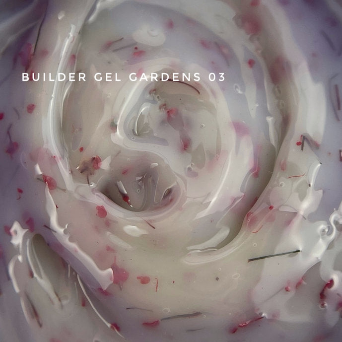Pink and white builder gel with floral accents for nails, labeled Gardens 03