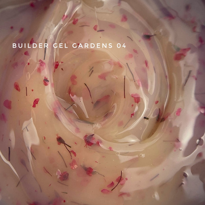 Builder gel Gardens 04 with pink and black floral flecks for nail art
