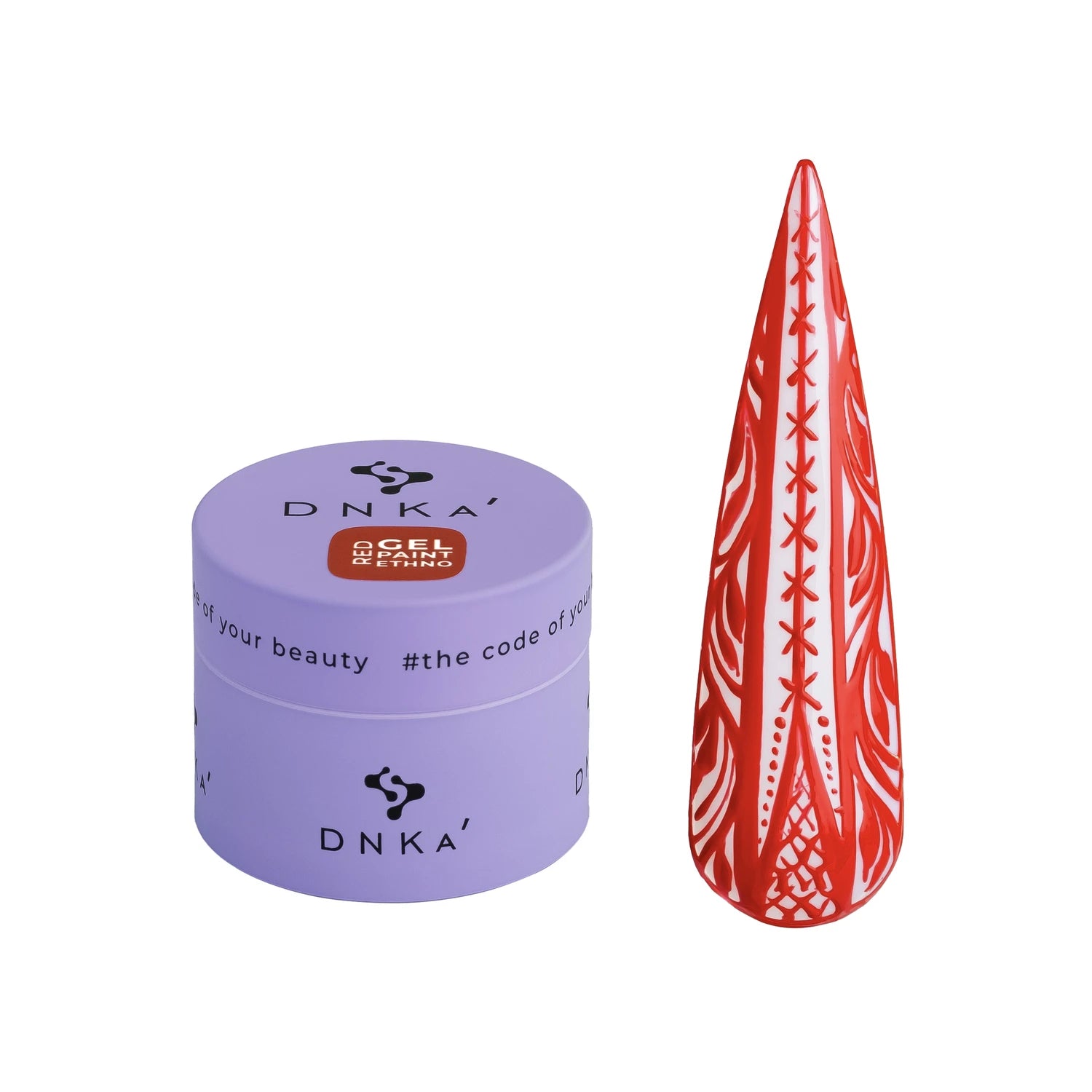 Red gel nail paint in purple jar with nail art sample, professional manicure product