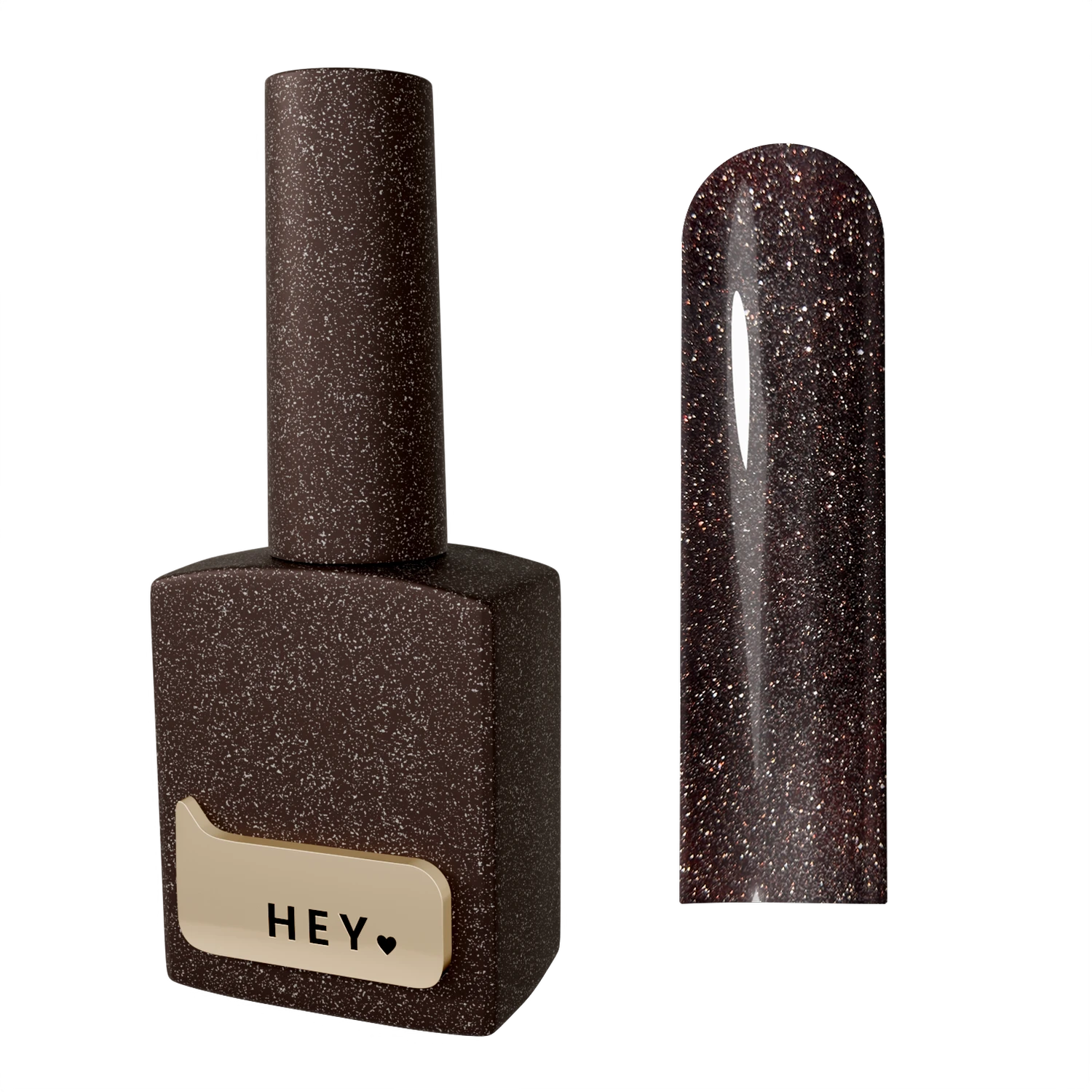 Brown glitter gel nail polish bottle with sample swatch showing sparkly finish