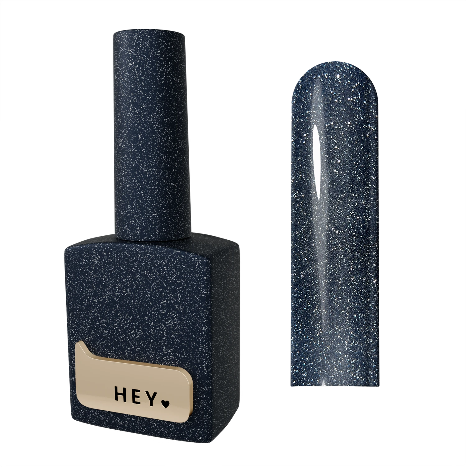 Dark blue glitter gel nail polish bottle and swatch with speckled effect