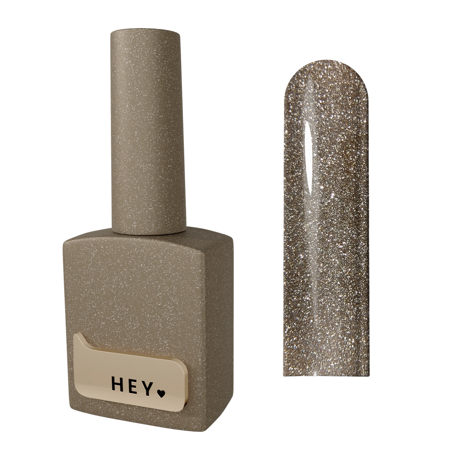 Glittery beige gel nail polish bottle with matching gold sparkly swatch