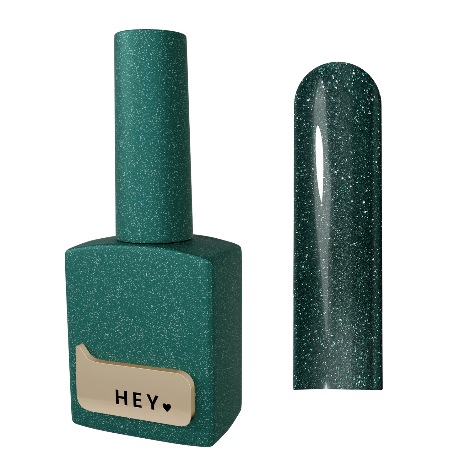 Green glitter gel polish bottle with matching glossy green swatch for manicures
