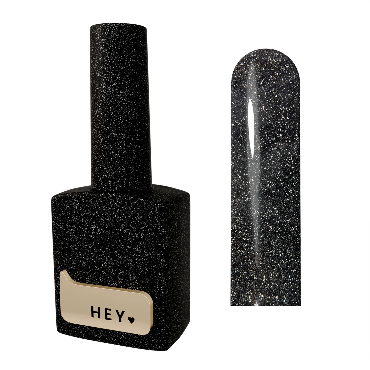 Black glitter gel nail polish bottle with matching sparkly swatch for manicure
