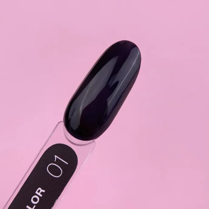 Dark purple gel nail polish swatch on acrylic tip, labeled 01, with pink background