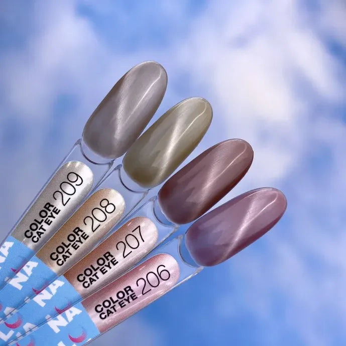 Gel polish swatches in cat eye effect shades 206 to 209 for manicures, sky background