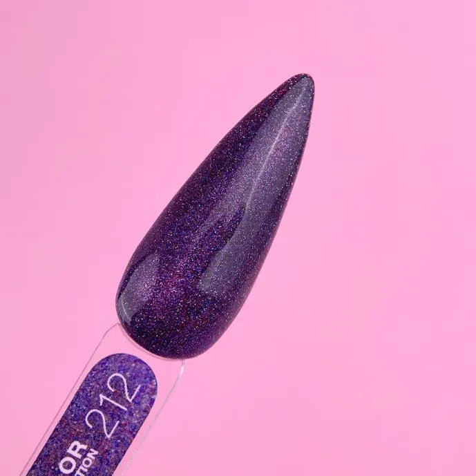 Purple glitter gel nail polish swatch on a sample stick against a pink background