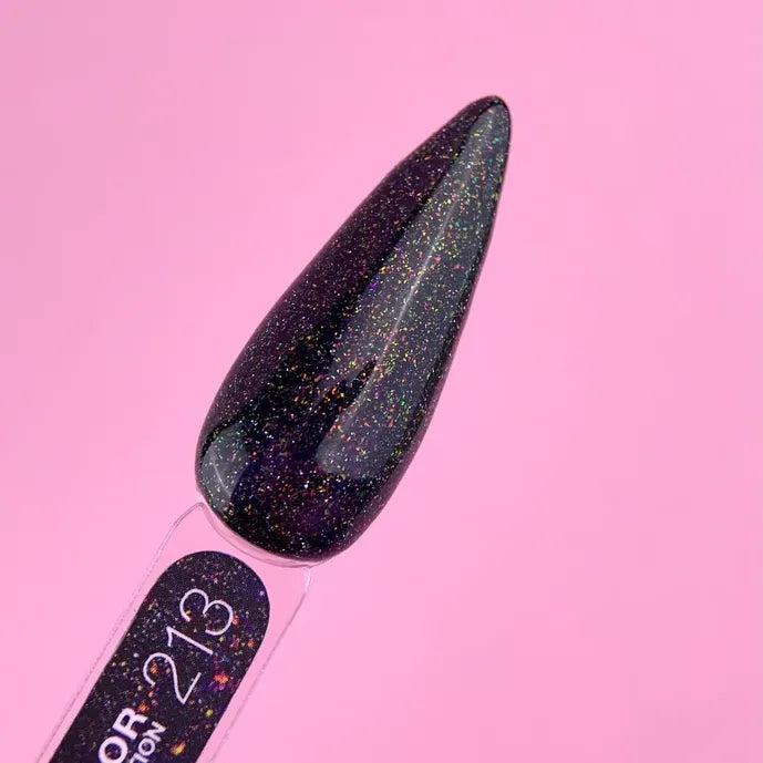 Black glitter gel nail polish swatch on stick against pink background